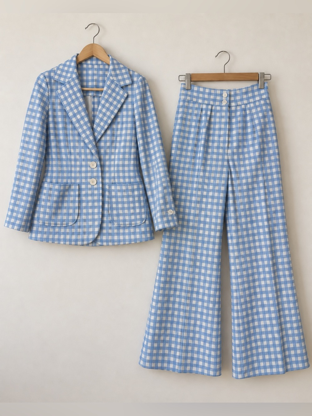 Vintage 1970s Handmade Blue White Gingham Polyester Pantsuit Women’s Wide Leg S